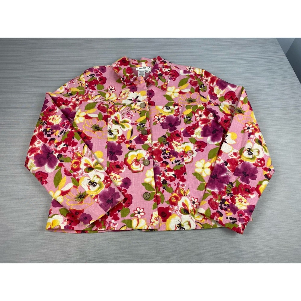 Coldwater Creek Floral Linen Jacket Boho Size Medium Bright Colorful‎ Pink